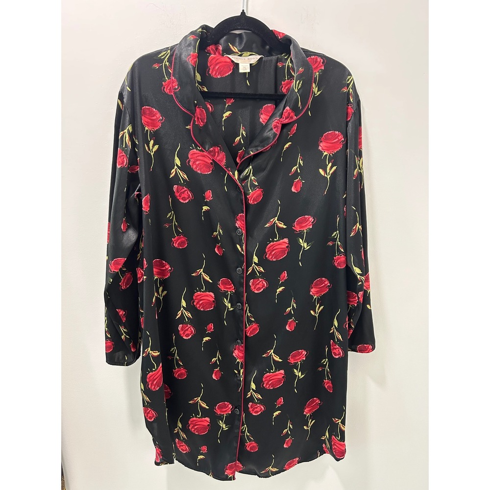 Avenue Body Black Red Rose Floral Satin Button Down Nightshirt Sleep Shirt 14/16